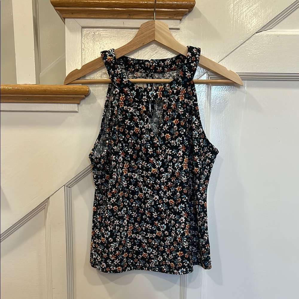 The General Good Floral Sleeveless Black Top with keyhole neck size M